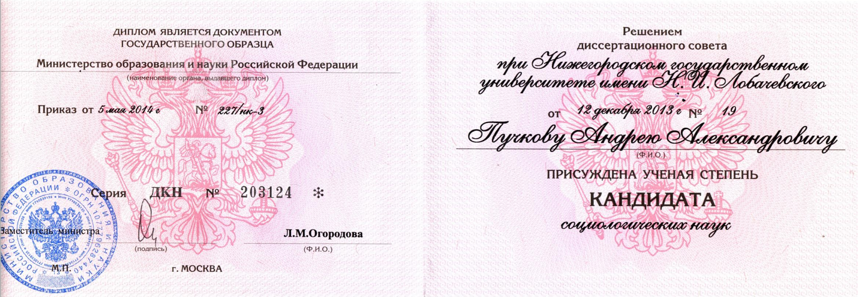Диплом кандидата социологических наук