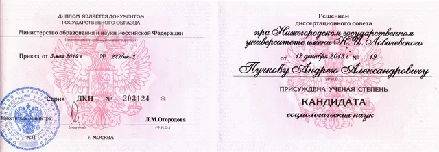 Диплом кандидата социологических наук