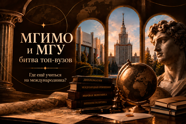 Учебная и дипломатическая атрибутика на фоне МГИМО и МГУ