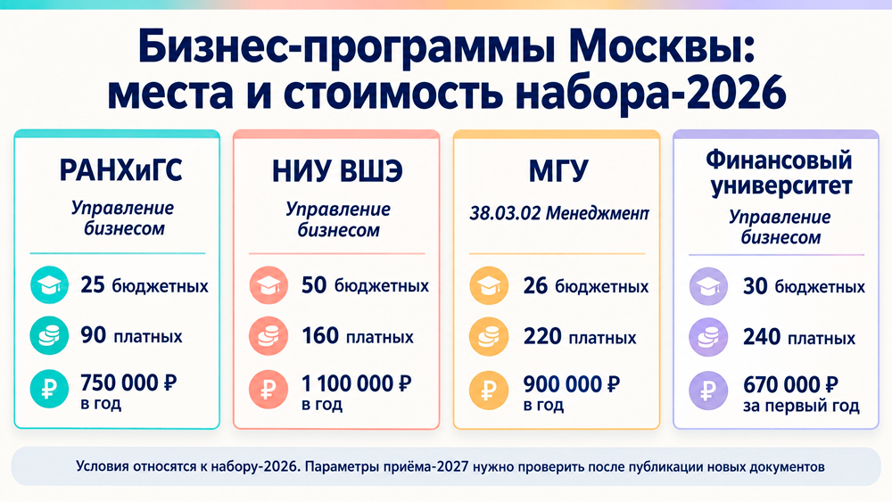Сравнение бизнес-программ вузов Москвы по бюджетным местам и стоимости обучения